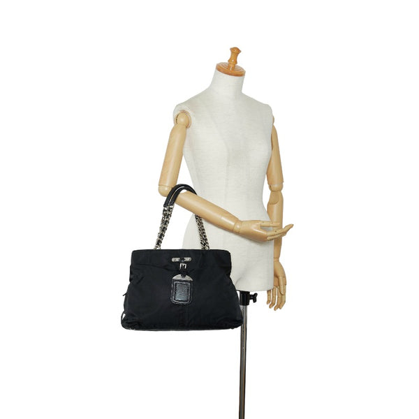 プラダ サフィアーノ シルバー金具 チェーン ハンドバッグ ショルダーバッグ ブラック ナイロン レザー レディース PRADA 【中古】