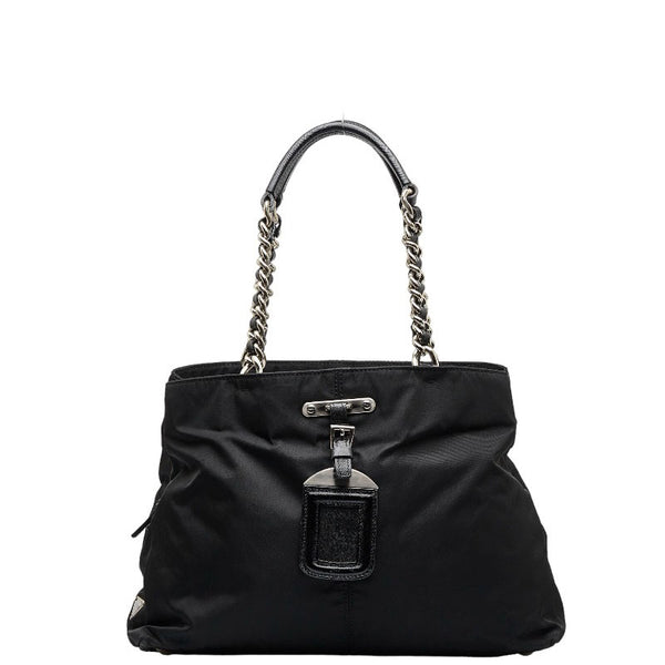 プラダ サフィアーノ シルバー金具 チェーン ハンドバッグ ショルダーバッグ ブラック ナイロン レザー レディース PRADA 【中古】