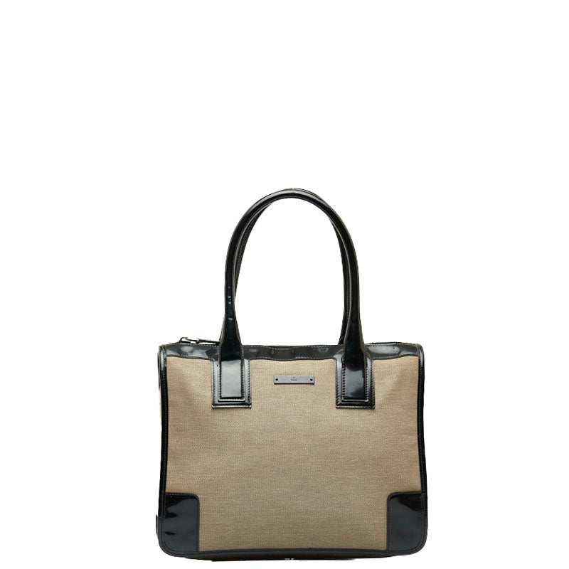 グッチ ロゴプレート ハンドバッグ トートバッグ 000 0855 ベージュ ブラック キャンバス パテントレザー レディース GUCCI 【中古】