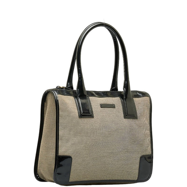 グッチ ロゴプレート ハンドバッグ トートバッグ 000 0855 ベージュ ブラック キャンバス パテントレザー レディース GUCCI 【中古】