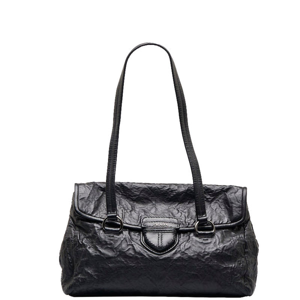 プラダ フラップ ロゴ型押し ハンドバッグ ショルダーバッグ ブラック レザー レディース PRADA 【中古】