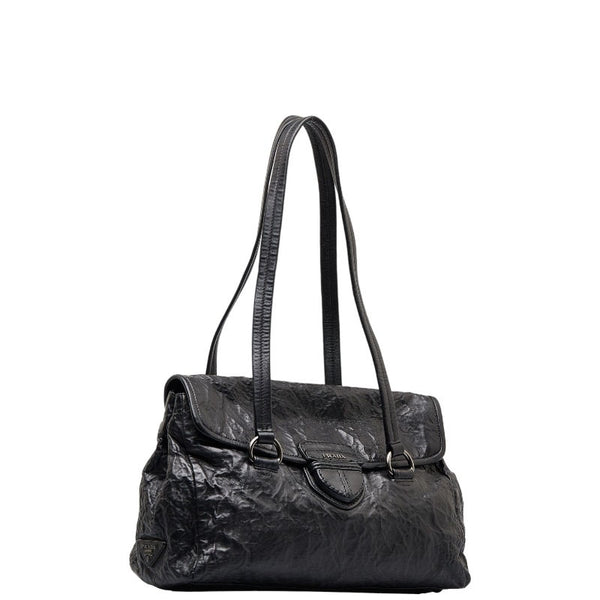 プラダ フラップ ロゴ型押し ハンドバッグ ショルダーバッグ ブラック レザー レディース PRADA 【中古】