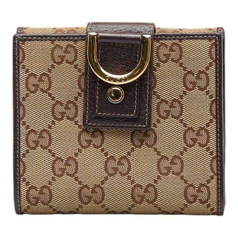 グッチ GGキャンバス アビー 二つ折り財布 141411 ベージュ ブラウン キャンバス レザー レディース GUCCI 【中古】