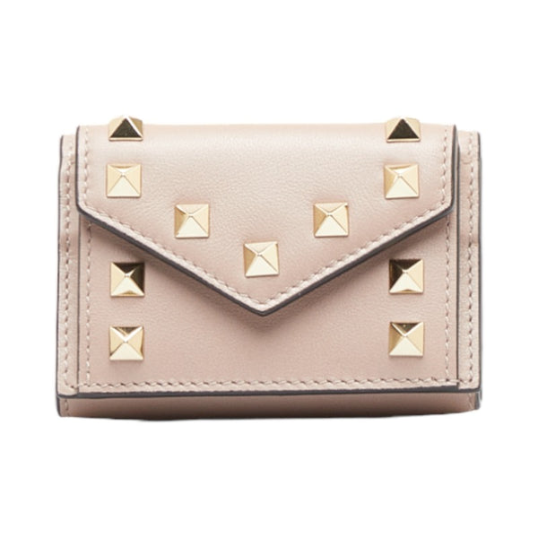 ヴァレンティノ ROCKSTUD MINI TRIFOLD WALLET 三つ折り財布 コンパクトウォレット ベージュ レザー レディース VALENTINO 【中古】