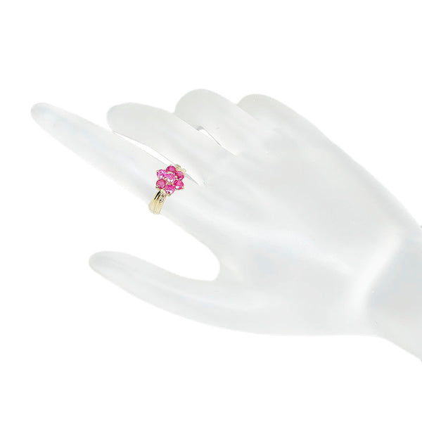 K18YG イエローゴールド ルビー1.00ct ダイヤ0.04ct フラワー リング 指輪 レディース 6.5号 【中古】