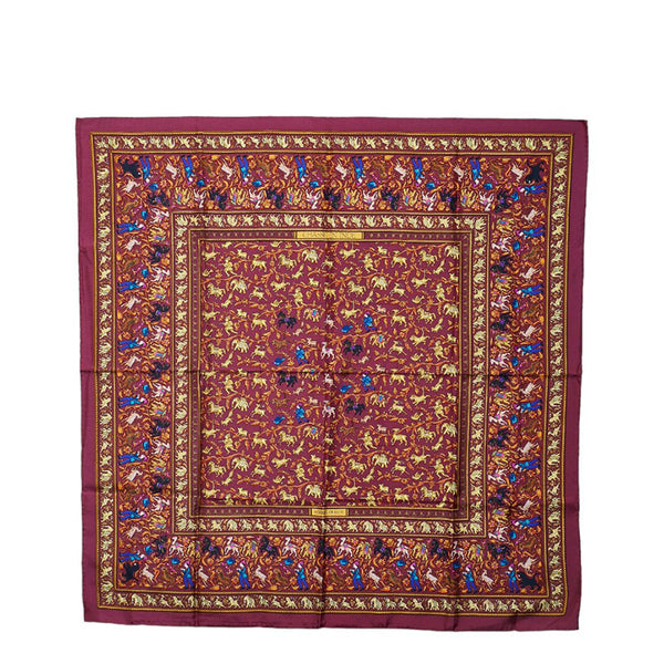 エルメス カレ90 CHASSE EN INDE インドの狩猟 スカーフ ワインレッド マルチカラー シルク レディース HERMES 【中古】