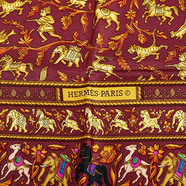 エルメス カレ90 CHASSE EN INDE インドの狩猟 スカーフ ワインレッド マルチカラー シルク レディース HERMES 【中古】