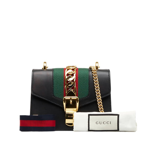 グッチ シェリーライン シルヴィ スモール 斜め掛け チェーン ショルダーバッグ  431666 ブラック レザー レディース GUCCI 【中古】