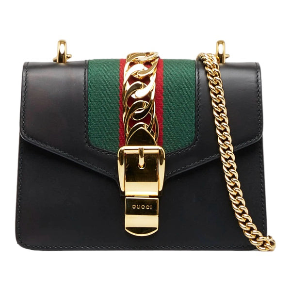 グッチ シェリーライン シルヴィ スモール 斜め掛け チェーン ショルダーバッグ  431666 ブラック レザー レディース GUCCI 【中古】