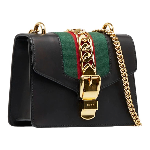 グッチ シェリーライン シルヴィ スモール 斜め掛け チェーン ショルダーバッグ  431666 ブラック レザー レディース GUCCI 【中古】