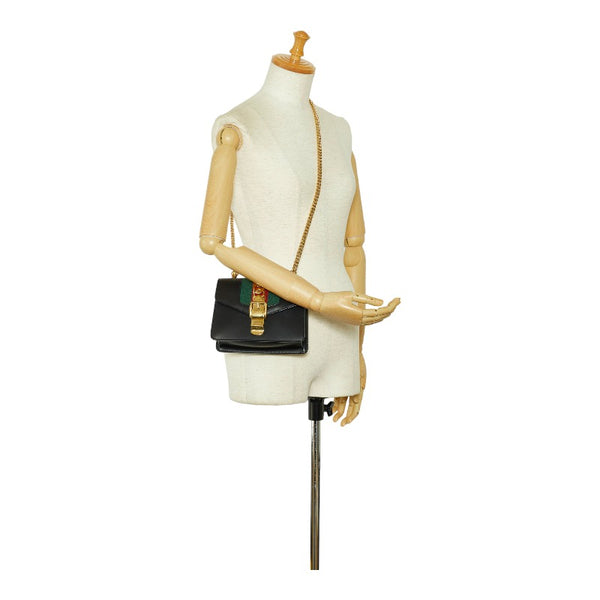 グッチ シェリーライン シルヴィ スモール 斜め掛け チェーン ショルダーバッグ  431666 ブラック レザー レディース GUCCI 【中古】