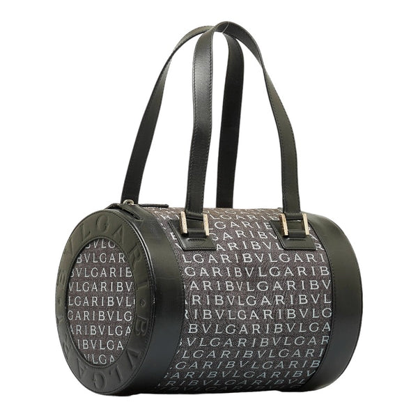 ブルガリ ロゴマニア ハンドバッグ ミニボストンバッグ グレー ブラック キャンバス レザー レディース BVLGARI 【中古】