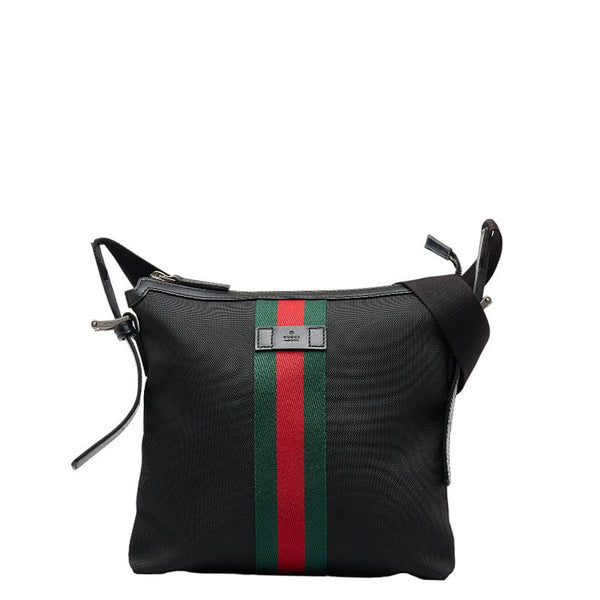 グッチ シェリーライン 斜め掛け ショルダーバッグ 387111 ブラック キャンバス レザー レディース GUCCI 【中古】