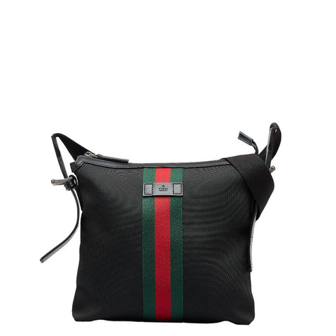 グッチ シェリーライン 斜め掛け ショルダーバッグ 387111 ブラック キャンバス レザー レディース GUCCI 【中古】