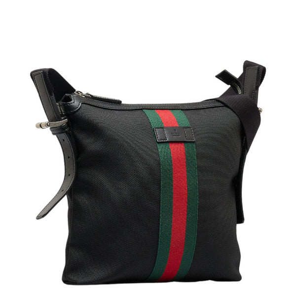 グッチ シェリーライン 斜め掛け ショルダーバッグ 387111 ブラック キャンバス レザー レディース GUCCI 【中古】