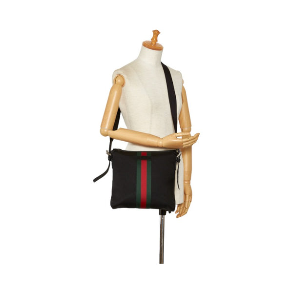 グッチ シェリーライン 斜め掛け ショルダーバッグ 387111 ブラック キャンバス レザー レディース GUCCI 【中古】