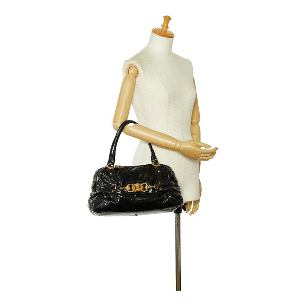 グッチ ホースビット バンブー ゴールド金具 ハンドバッグ ショルダーバッグ 159398 ブラック エナメル レディース GUCCI 【中古】