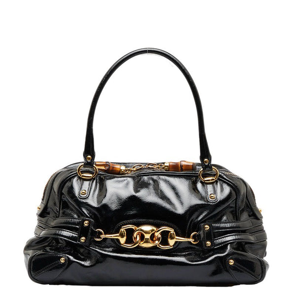 グッチ ホースビット バンブー ゴールド金具 ハンドバッグ ショルダーバッグ 159398 ブラック エナメル レディース GUCCI 【中古】