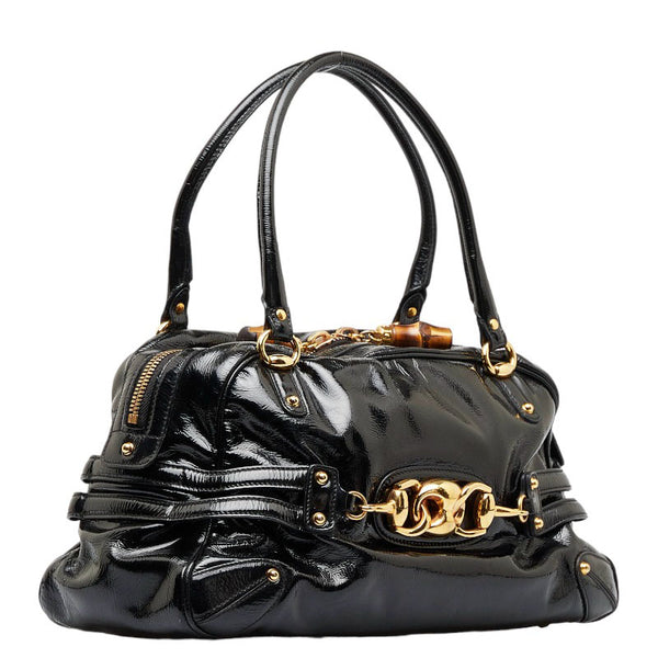 グッチ ホースビット バンブー ゴールド金具 ハンドバッグ ショルダーバッグ 159398 ブラック エナメル レディース GUCCI 【中古】