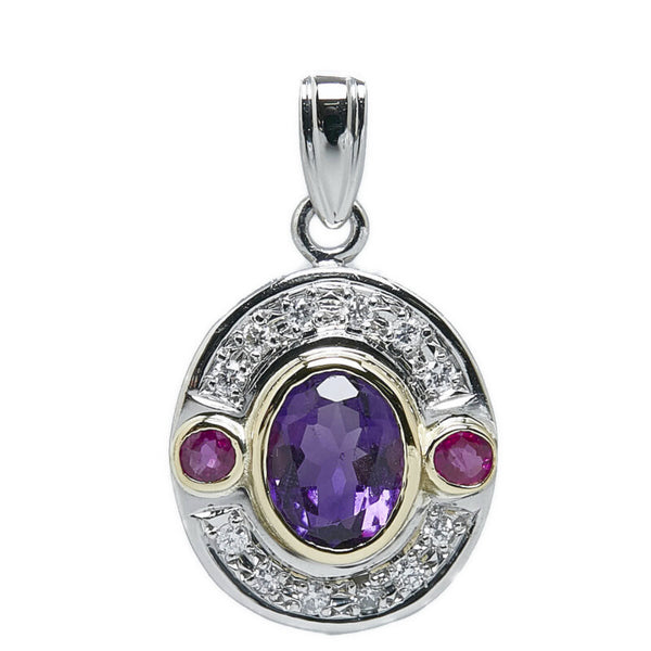 Pt850 プラチナ K18 ゴールド コンビ ダイヤ0.13ct アメジスト1.15ct ルビー0.16ct ペンダントトップ レディース 【中古】