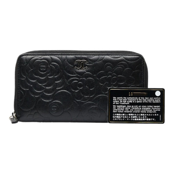 シャネル カメリア ココマーク ラウンドファスナー 長財布 ブラック ラムスキン レディース CHANEL 【中古】