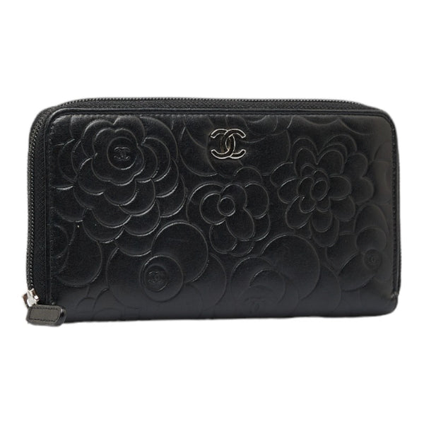 シャネル カメリア ココマーク ラウンドファスナー 長財布 ブラック ラムスキン レディース CHANEL 【中古】
