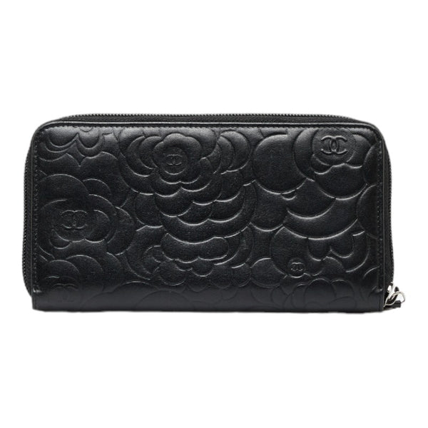 シャネル カメリア ココマーク ラウンドファスナー 長財布 ブラック ラムスキン レディース CHANEL 【中古】