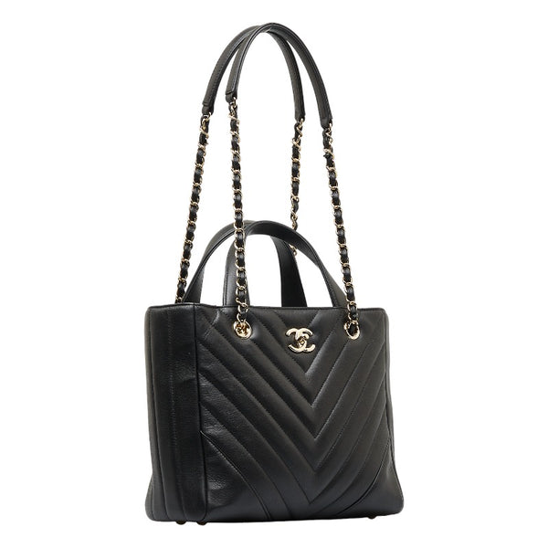 シャネル シェブロン Vステッチ ハンドバッグ ショルダーバッグ 2WAY ブラック レザー レディース CHANEL 【中古】