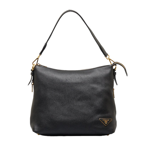 プラダ 三角ロゴプレート ワンショルダーバッグ ブラック レザー レディース PRADA 【中古】
