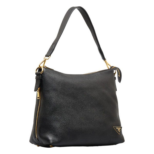 プラダ 三角ロゴプレート ワンショルダーバッグ ブラック レザー レディース PRADA 【中古】