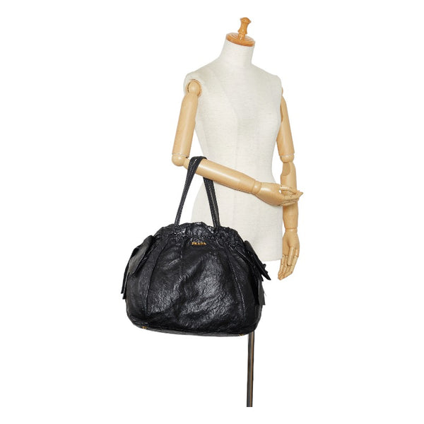 プラダ ロゴ サイドリボン ゴールド金具 トートバッグ ショルダーバッグ ブラック レザー レディース PRADA 【中古】