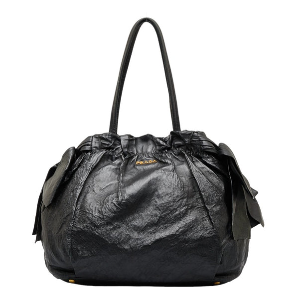 プラダ ロゴ サイドリボン ゴールド金具 トートバッグ ショルダーバッグ ブラック レザー レディース PRADA 【中古】