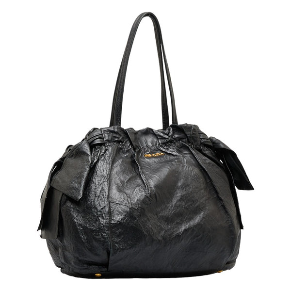 プラダ ロゴ サイドリボン ゴールド金具 トートバッグ ショルダーバッグ ブラック レザー レディース PRADA 【中古】