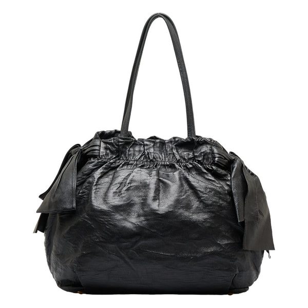 プラダ ロゴ サイドリボン ゴールド金具 トートバッグ ショルダーバッグ ブラック レザー レディース PRADA 【中古】
