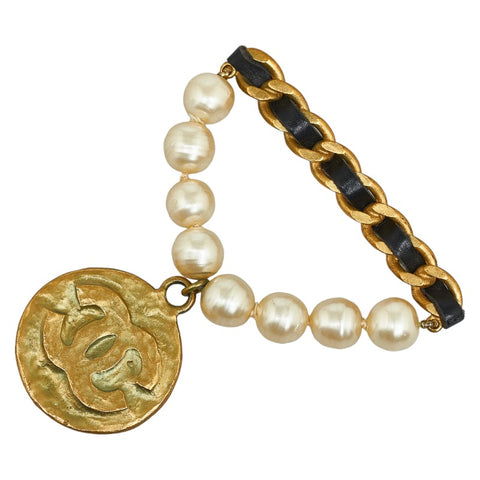 シャネル ココマーク パール チェーン ブローチ ゴールド ブラック レザー メッキ レディース CHANEL 【中古】