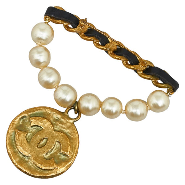 シャネル ココマーク パール チェーン ブローチ ゴールド ブラック レザー メッキ レディース CHANEL 【中古】