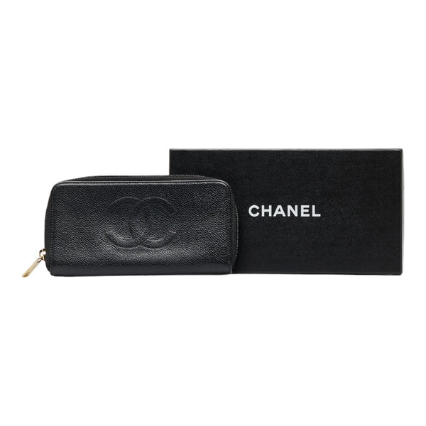 シャネル ココマーク ラウンドファスナー 長財布 ブラック キャビアスキン レディース CHANEL 【中古】