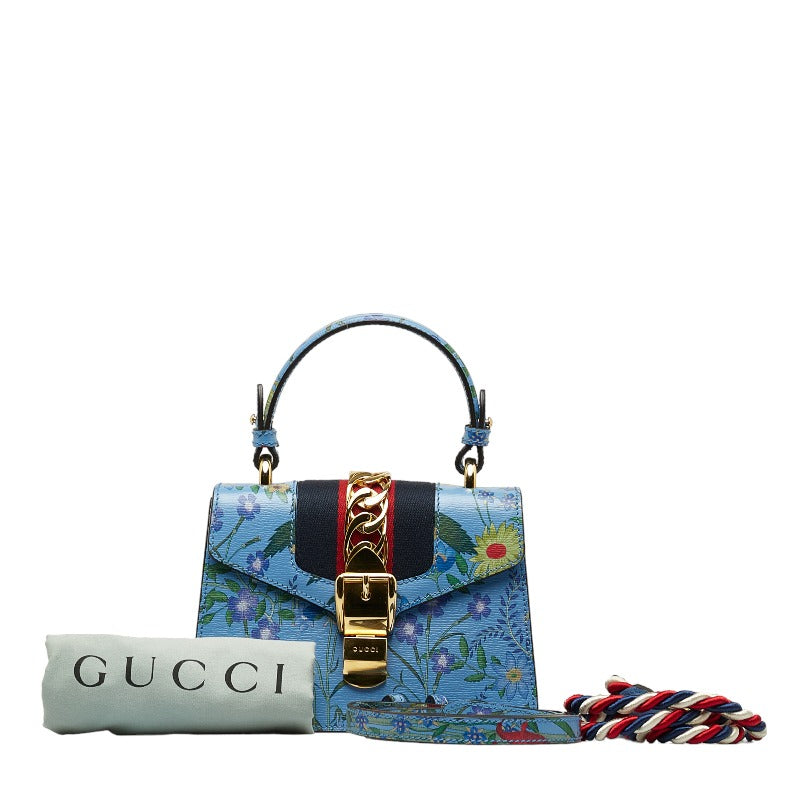 グッチ シルヴィ フラワー ミニ ハンドバッグ ショルダーバッグ 2WAY 470270 ブルー マルチカラー レザー レディース GUCCI 【中古】