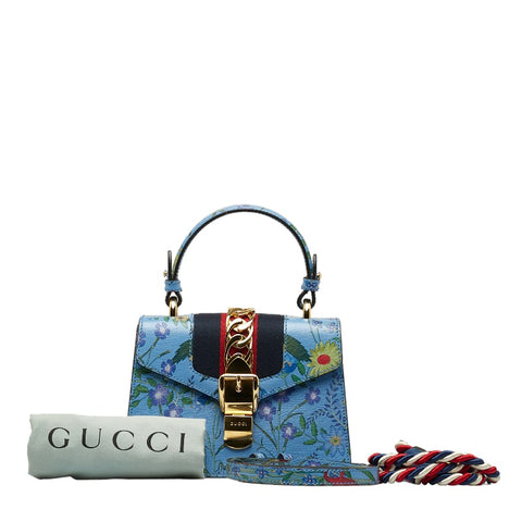 グッチ シルヴィ フラワー ミニ ハンドバッグ ショルダーバッグ 2WAY 470270 ブルー マルチカラー レザー レディース GUCCI 【中古】