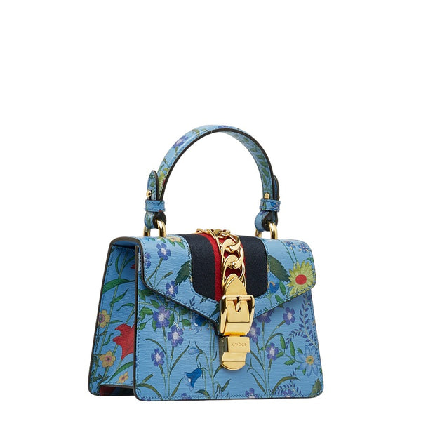 グッチ シルヴィ フラワー ミニ ハンドバッグ ショルダーバッグ 2WAY 470270 ブルー マルチカラー レザー レディース GUCCI 【中古】