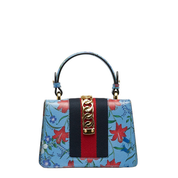 グッチ シルヴィ フラワー ミニ ハンドバッグ ショルダーバッグ 2WAY 470270 ブルー マルチカラー レザー レディース GUCCI 【中古】
