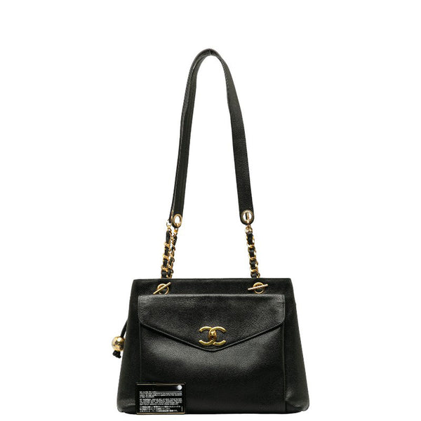 シャネル ココマーク シングルフラップ チェーン トートバッグ ブラック キャビアスキン レディース CHANEL 【中古】