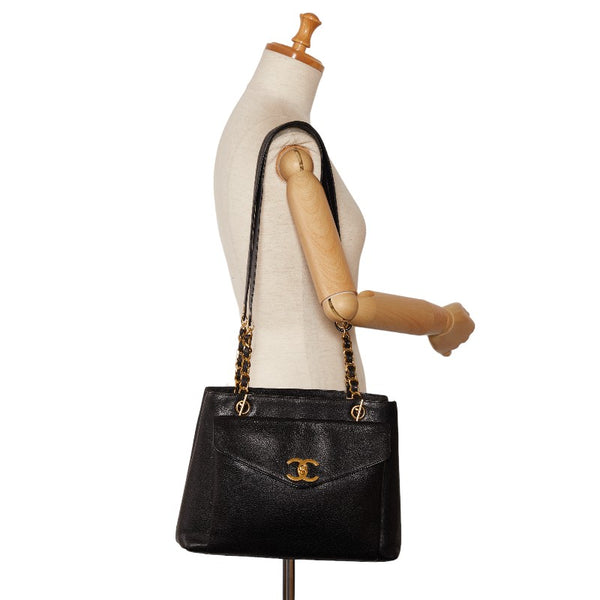 シャネル ココマーク シングルフラップ チェーン トートバッグ ブラック キャビアスキン レディース CHANEL 【中古】