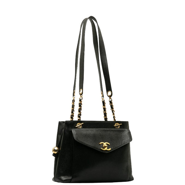 シャネル ココマーク シングルフラップ チェーン トートバッグ ブラック キャビアスキン レディース CHANEL 【中古】