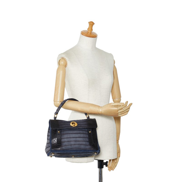 サンローラン ミューズトゥ クロコ型押し ゴールド金具 ハンドバッグ ブラック ネイビー レザー スエード レディース SAINT LAURENT 【中古】