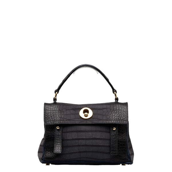 サンローラン ミューズトゥ クロコ型押し ゴールド金具 ハンドバッグ ブラック ネイビー レザー スエード レディース SAINT LAURENT 【中古】