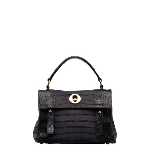 サンローラン ミューズトゥ クロコ型押し ゴールド金具 ハンドバッグ ブラック ネイビー レザー スエード レディース SAINT LAURENT 【中古】