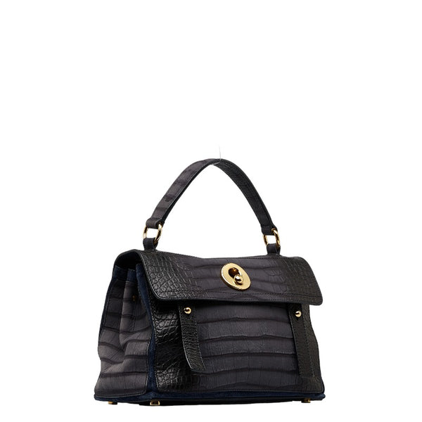 サンローラン ミューズトゥ クロコ型押し ゴールド金具 ハンドバッグ ブラック ネイビー レザー スエード レディース SAINT LAURENT 【中古】