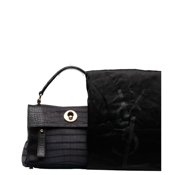 サンローラン ミューズトゥ クロコ型押し ゴールド金具 ハンドバッグ ブラック ネイビー レザー スエード レディース SAINT LAURENT 【中古】