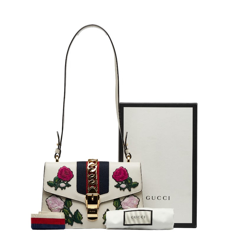 グッチ シェリーライン シルヴィ スモール リボン フラワー ショルダーバッグ 421882 ホワイト  レザー レディース GUCCI 【中古】